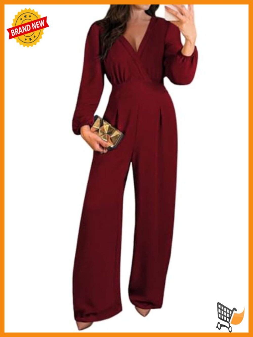 Women's Long Sleeve V-Neck Wide Leg Jumpsuit with Pockets